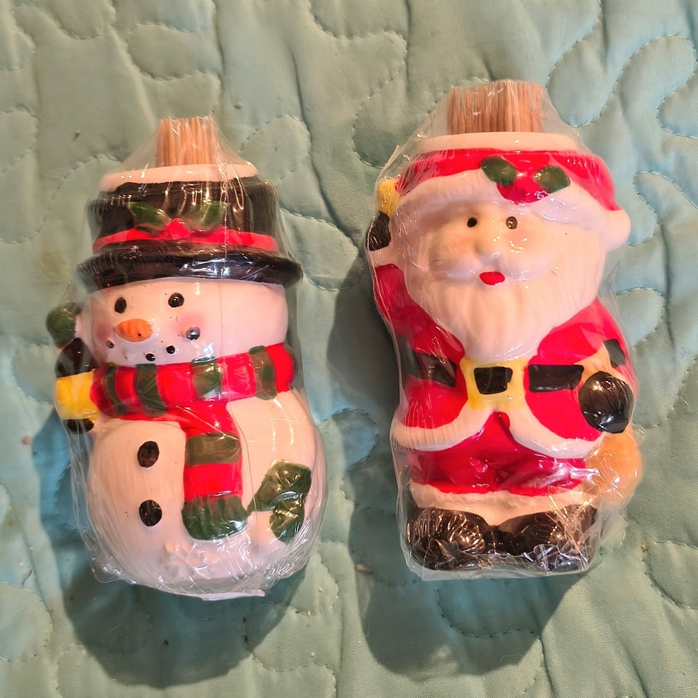 Ceramic Santa Claus & Frosty The Snowman Christmas Holiday 2 Toothpick Holders 4
